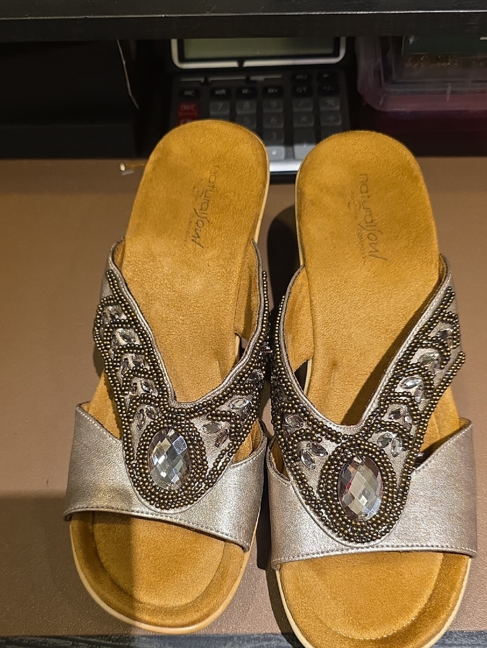 Natural Soul Silver Beaded Slide Mules